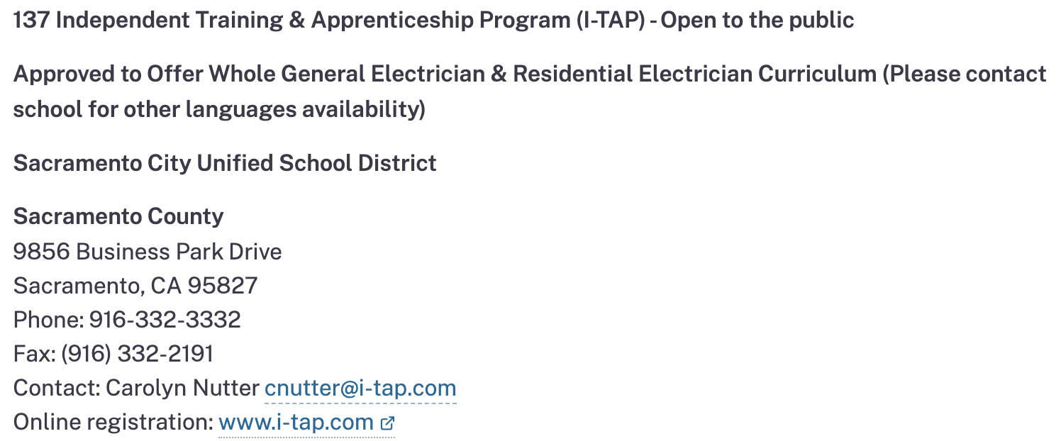 I-TAP Listing in List of Approved Electrical Schools